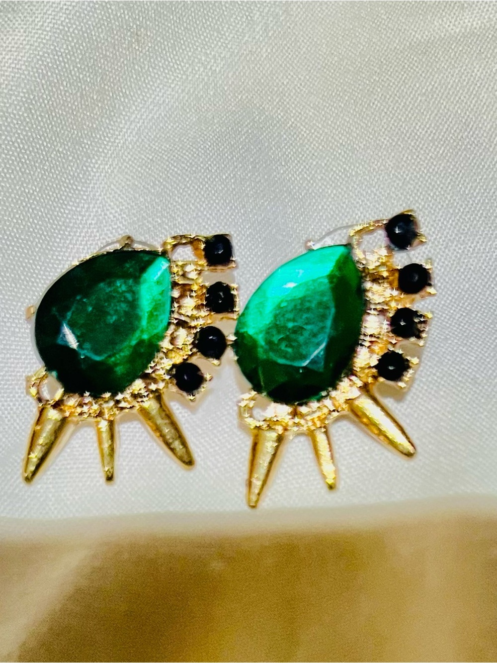 Gold Spike Stud Earrings with Emerald Teardrop Stones - Women's Jewelry